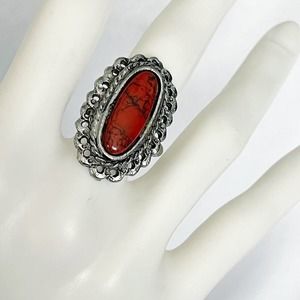 RED Turquoise Silver Tone Cocktail Ring